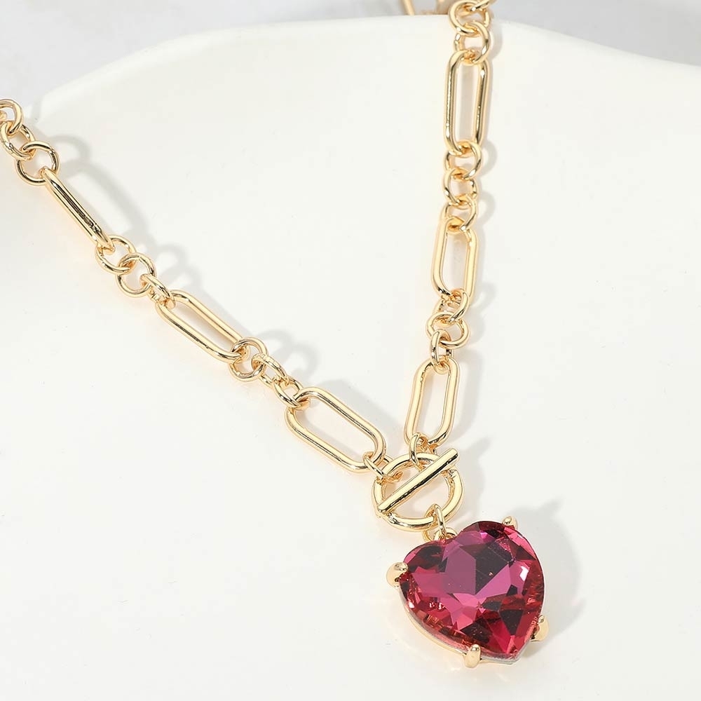 Ab Rose Heart Toggle Paperclip Link Crystal Pendant Necklace Gold Jewelry Chain